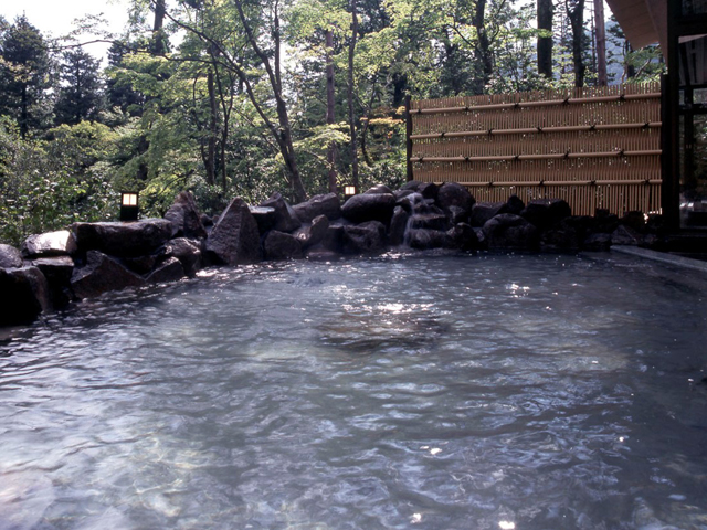 箱根の森の小川の流れる美しい庭園内にある露天温泉「せせらぎの湯」